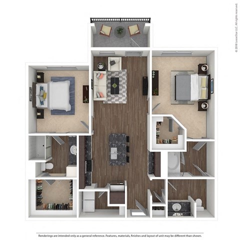 Floor plan for 2 beds, 2 baths, 1197 sqft
